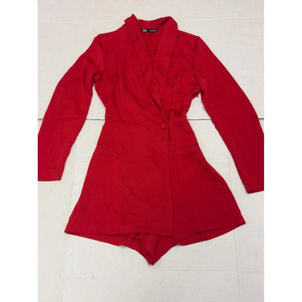 Zara Blazer Romper Womens XS Red Shawl Lapel Long Sleeve Playsuit Chic - Picture 5 of 10
